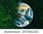 Save the planet. Aerial view of coniferous forest and planet Earth, double exposure