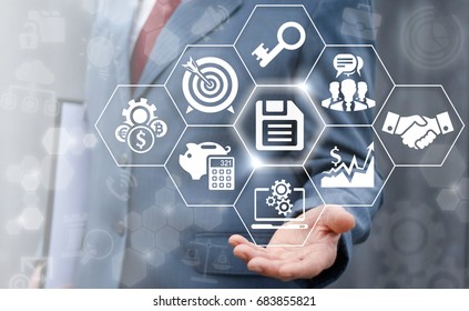 Save and Safety Business concept. Man offers diskette icon on virtual screen. - Shutterstock ID 683855821