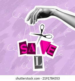 Save Or Sale. Surreal Conceptual Poster. Human Hand Offers To Make A Choice Between Two Words. Concept Of Choice, Rights, Purpose And Meaning Of Life. Aesthetic Of Hands. Magazine Style