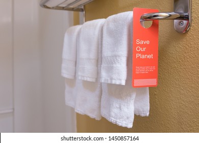 Save Water Sign Label On Hotel Encourage Guest Reuse Bath Towel