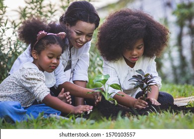 Save World Concept - Mother And Daughter Are Planting Fun Little Trees On The Fence Of His House. Cute Children Planted A Small Tree On The Black Soil While Watering The Plants Intently.