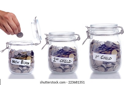 Saving Concept For First Child, Second Child And New Born: Conceptual By Three Jar Coin