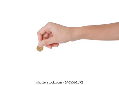 Saving concept, Hand pick a ten Russian dollar coin with white background and clipping path