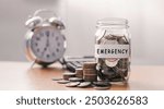 Saving for emergency concept. A lot coins in glass money with piggy bank for saving emergency money.