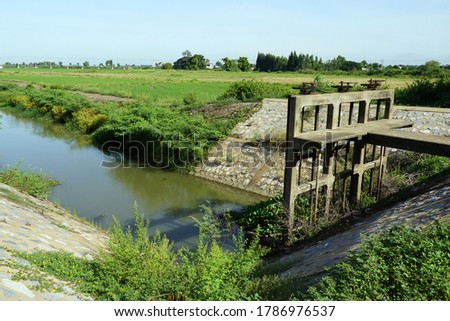 Saving environment, small concrete watergate in countryside Thailand controls water level supports agriculture, rice field. Green rice field, canal background. Concept saving environment, watergate.