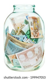 Saving Euro Money In Glass Jar Isolated On White Background