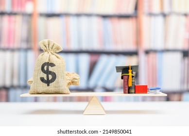 Saving money for college tuition fees, education concept : US dollar bags, a black graduation cap, a mortarboard or a hat, books on a balance scale. Creating a financial budget for a college student.