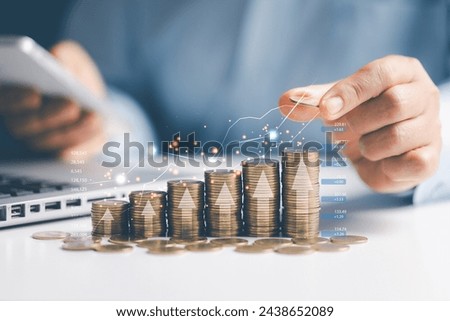 Saving money concept. Money coin stack with growing business graph. financial investment. Profit from the business investment. Money management and Financial chart
