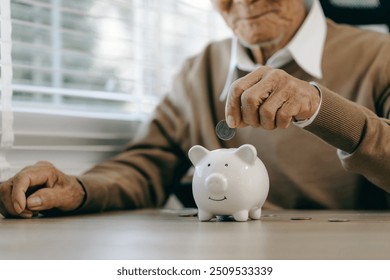 Saving money investment for future. old man hand putting money coins in a piggy bank.investment, money, annuity insurance, saving for retirement and pension fund concept.Individual retirement account.