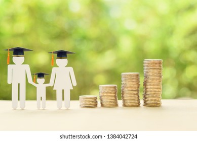 Saving Money For Kid, Child Education Concept : Family Members Wear Graduation Cap Or Hat, 4 Rows Of Rising Coins, Depicts Increasing In Cost Or Expense For Paying Tuition Fee When Study Higher Class