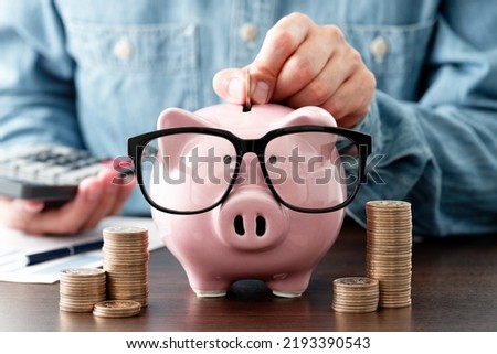 Saving money. Putting money into piggy bank. Managing household budget. Calculating income and expenditure.