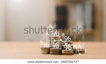 Saving money wealth concept. Stack of silver coins with up arrow. driven by higher interest rates and steady growth in money investments. finance, growth, increase, interest, money, profit, stock.