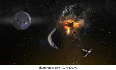 Saving Planet Earth From Asteroid. Explosion On A Meteorite Flying To The Earth. Spaceship Flies Away After A Successful Mission. Collage. Elements Of This Image Furnished By NASA