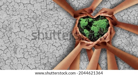 Saving the planet together and Earth day celebration or climate change protection and agriculture security or ecology unity as heart hands in a group of people as a composite.