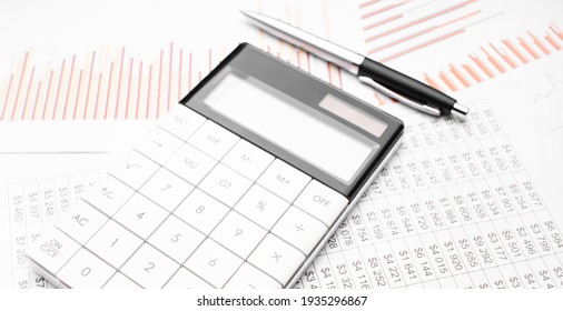 Saving Stack Coins Money, Calculator, Charts And Graphs Spreadsheet Paper. Finance, Account