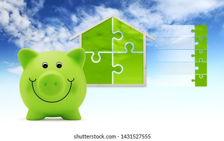 Savings Concept, Piggy Bank With House Shape And Puzzle Symbols, Isolated On Sky Background, Infographic For Green Buildings And Save Energy Eco Sustainability