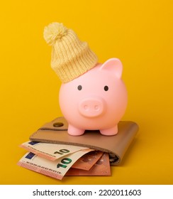 Savings concept. Piggy bank and money on a yellow textural background. A piggy bank in a warm winter hat that saves heat. The concept of saving heating. Place for text. copy space - Shutterstock ID 2202011603