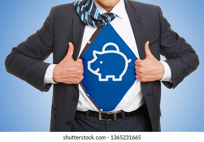 Savings And Finances Concept With Man Revealing A Piggy Bank Icon On His T-shirt Under His Shirt And Suit