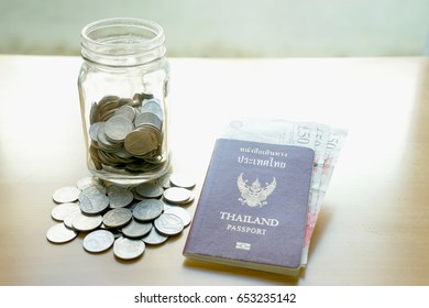 Savings Jar With Currency For Travel