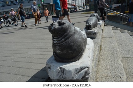 Savonlinna, Finland - June, 2021: Statues Of The Endangered Saimaa Ringed Seal Can Be Found Next To The Marketplace