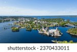 Savonlinna town in the finnish lake district on a beautiful summer day seen from the air