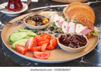 Savor a Delicious Breakfast Plate Featuring a Croissant, Fresh Fruits, and Various Dips - Powered by Shutterstock