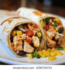 Savor the freshness of a perfectly wrapped chicken burrito, filled with juicy grilled chicken, sweet corn, black beans, and crisp vegetables. A healthy and delicious choice for a satisfying meal - Powered by Shutterstock