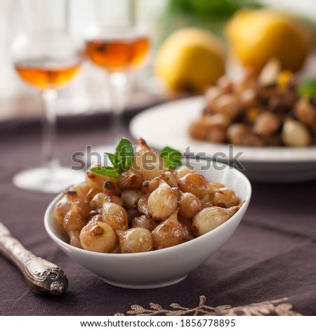 Savory Glazed Pearl Onions in White Bowl