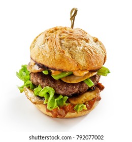 Savory Mushroom Burger With Sliced Fungi Layered Over A Thick Succulent Beef Patty Isolated On White