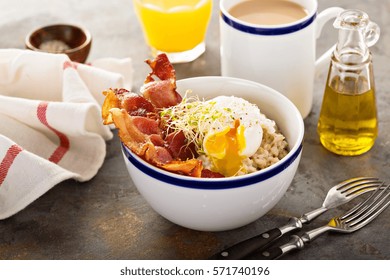 Savory Oatmeal Porridge With Poached Egg And Bacon