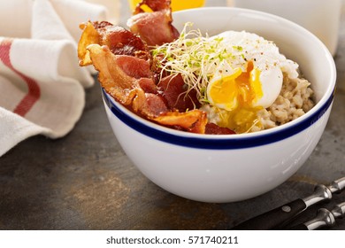 Savory Oatmeal Porridge With Poached Egg And Bacon