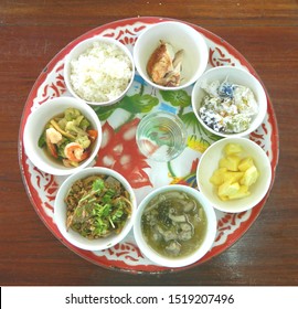 Savory and sweet food including drinking water Placed in a round tray Prepared for use in assembly Buddhist rituals