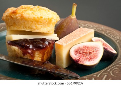 Savoury Cheese Scone With Fig Jam And Compte Cheese.