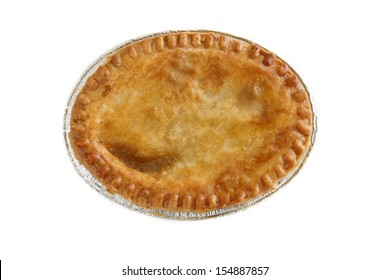 Savoury Takeaway Meat Pie In A Foil Tray Top Down View Studio Isolated