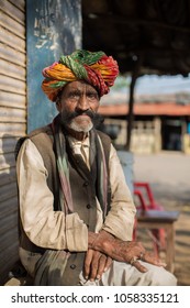 Sawai Madhopur,Rajasthan India - 3 March 2018 :Unidentified Rajasthani Men With His Walrus Moustache ,India.Walrus Mustache Is Very Popular Among Men Population In Rajasthan.