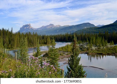 Sawback Mountain Range And Bow River Banff Alberta Canada