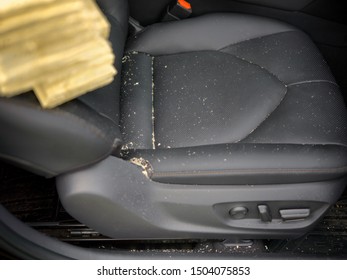 Sawdust On A Leather Car Seat, Modern Car Interior Close-up