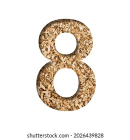 Sawdust Wood Font. Digit Eight, 8 Cut Out Of Paper On The Background Of Sawdust Or Small Shavings Of A Fruit Tree. Decorative Alphabet For Handmade Or Small Production, Font Collection.