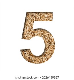 Sawdust Wood Font. Digit Five, 5 Cut Out Of Paper On The Background Of Sawdust Or Small Shavings Of A Fruit Tree. Decorative Alphabet For Handmade Or Small Production, Font Collection.