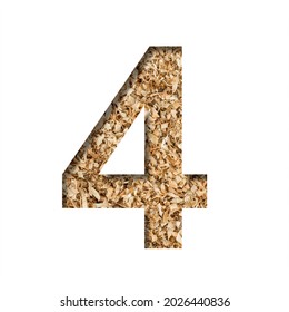 Sawdust Wood Font. Digit Four, 4 Cut Out Of Paper On The Background Of Sawdust Or Small Shavings Of A Fruit Tree. Decorative Alphabet For Handmade Or Small Production, Font Collection.