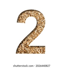 Sawdust Wood Font. Digit Two, 2 Cut Out Of Paper On The Background Of Sawdust Or Small Shavings Of A Fruit Tree. Decorative Alphabet For Handmade Or Small Production, Font Collection.