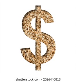 Sawdust Wood Font. Dollar Money Business Symbol Cut Out Of Paper On The Background Of Sawdust Or Small Shavings Of A Fruit Tree. Decorative Alphabet For Handmade Or Small Production, Font Collection.