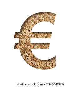 Sawdust Wood Font. Euro Money Business Symbol Cut Out Of Paper On The Background Of Sawdust Or Small Shavings Of A Fruit Tree. Decorative Alphabet For Handmade Or Small Production, Font Collection.