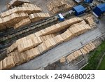 Sawmill with chopped wood logs stacked and machinery