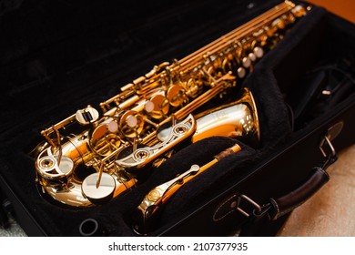 Sax Musical Instrument In Case. Saxophone Musician Instrument For Play Jazz