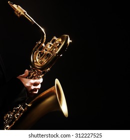 Saxophone Player Jazz Music Instrument Baritone Sax Isolated On Black