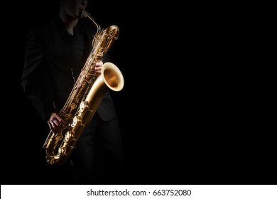 Saxophone Player Jazz Musician. Saxophonist With Baritone Sax Player