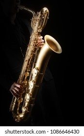 Saxophone Player Saxophonist Playing Jazz Music. Baritone Sax Player