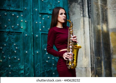 Saxophone Player Saxophonist Woman Playing Sax Alto Musician With Instrument