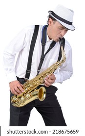 Saxophone Player In White Shirt. Isolated On White Background